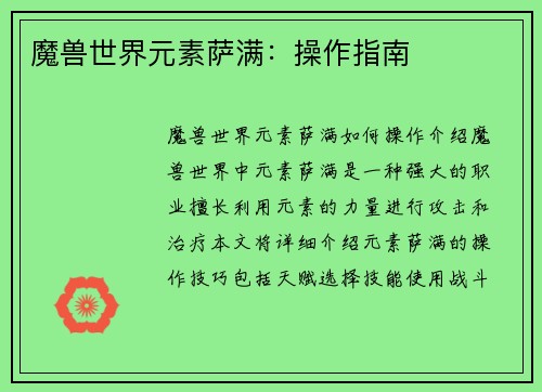 魔兽世界元素萨满：操作指南